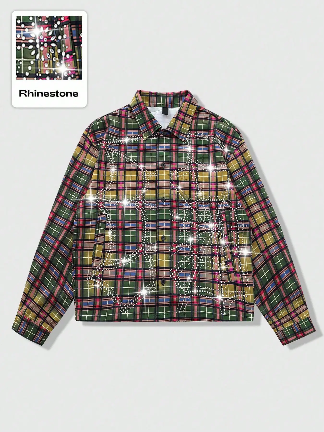 Men's plaid shirt, adorned with rhinestones, long sleeves, Fitted, Casual, Stylish, American urban style, Chic Casual Fit
