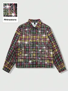 Men's plaid shirt, adorned with rhinestones, long sleeves, American urban style.