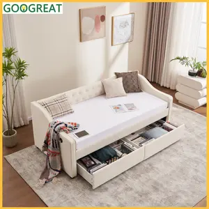[GOOGREAT]Sofa Bed Twin Size Upholstered Daybed With Storage Drawers, Solid Wood SofáBed Bed Frame With Velvet Fabric & Wood Slat Support For Bedroom, Living Room, Office,Beige