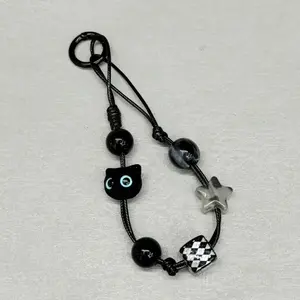 Cat Phone Wrist Short Retro Black Handmade CCD Lanyard Chain Bead Camera Phone Chain Pendant Cell Phone Charm Phone Accessories