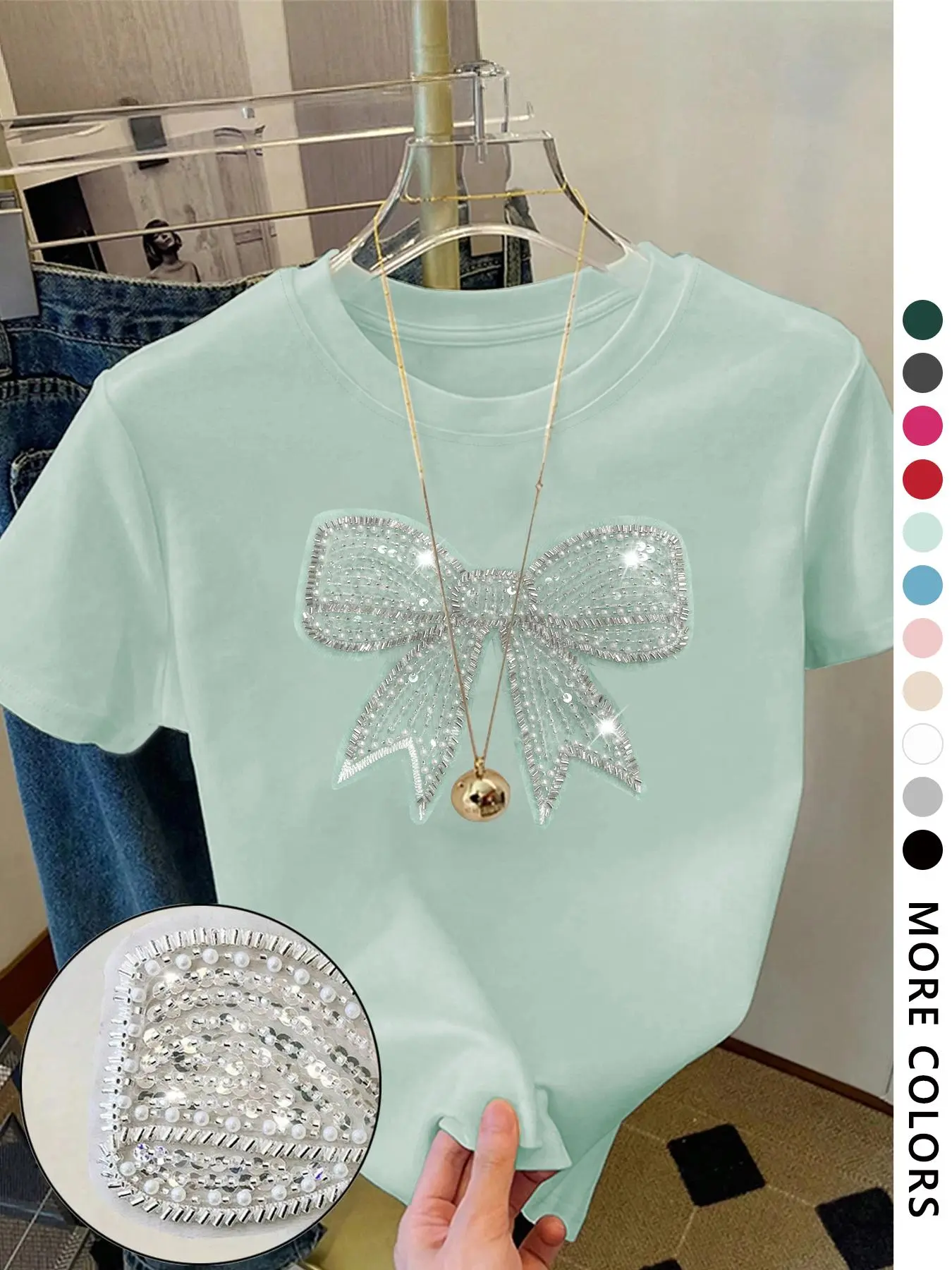 Women's Cartoon Bowknot Graphic Print Round Neck Knit Tee, Fashion Casual Crew Neck Short Sleeve Fitted T-Shirt for Daily Holiday Vacation Outdoor Wear, Ladies Clothes for All Seasons, Top, Summer, Casual Stylish Tee, Womenswear