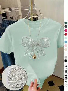 Women's Cartoon Bowknot Graphic Print Round Neck Knit Tee, Fashion Casual Crew Neck Short Sleeve Fitted T-Shirt for Daily Holiday Vacation Outdoor Wear, Ladies Clothes for All Seasons, Top