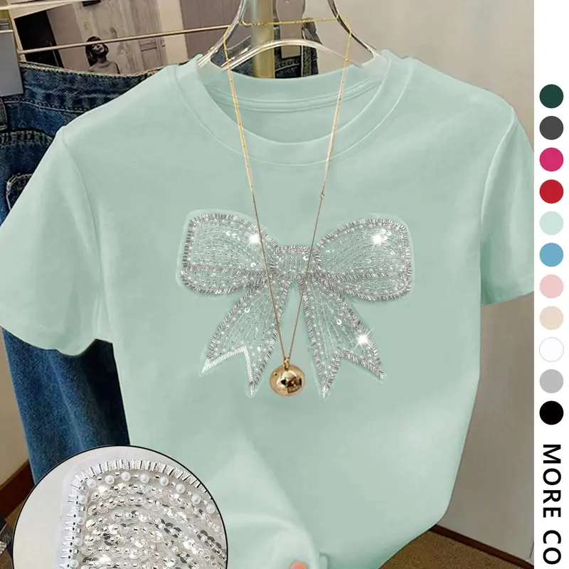 Women's Cartoon Bowknot Graphic Print Round Neck Knit Tee, Fashion Casual Crew Neck Short Sleeve Fitted T-Shirt for Daily Holiday Vacation Outdoor Wear, Ladies Clothes for All Seasons, Top, Summer, Casual Stylish Tee, Womenswear