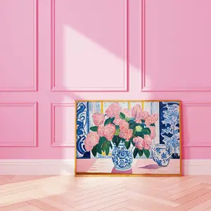 Botanical Poster, Blue Pink Floral Print, Retro Flowers, Pink And Blue Hydrangeas Print Physical Wall Art, Room Decor, Unframed