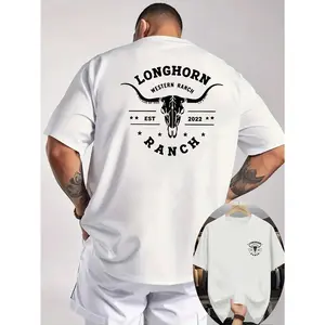 [PeakPro T-shirt]-Men's Western Cowboy Graphic T-Shirt - Longhorn & Bull Skull Print with Texas Ranch Design, Breathable Knit Fabric, Double-Sided Short Sleeve Shirt for Summer Outdoor Activities, Casual Round Neck Tee for Ranch & Wester