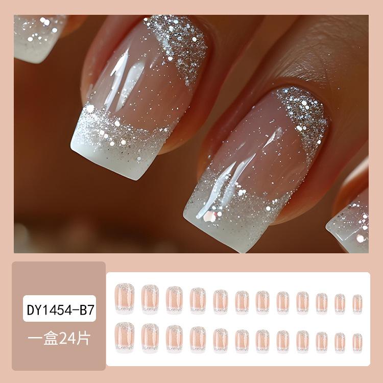 Square Press on Nails Medium French Tips Fake Nails Silver Glitter Acrylic Nails Press ons White Ombre Glue on Nail Shiny Stick on Nail Nude False Nails for Women Girls Nails Decoration 24Pcs