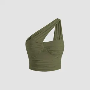 Cider [4 colors, size 2-10] Solid Ruched One Shoulder Crop Top