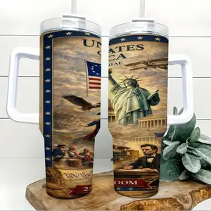 USA Freedom 250th Anniversary 40oz Insulated Tumbler with Handle and Straw Statue of Liberty American Flag Vintage Patriotic Collage Stainless Steel Travel Mug Gift for Veterans Men Dad History Lovers