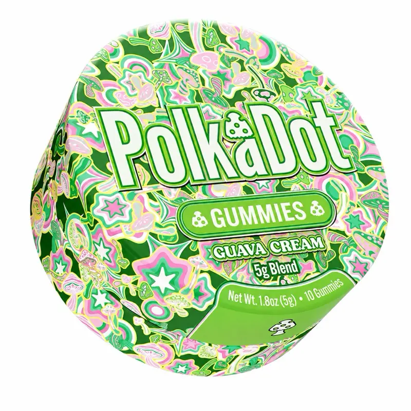 Polkadot Guava Cream Gummies, 10 Count, High Potency Plant-Based Mushroom Gummies, Soft Chewy Gummies, 100% Organic Ingredients, High-Quality Formula, Freshness-Sealed, Secure Reusable Metal Tin, Travel-Friendly Packaging, Proudly Made in USA