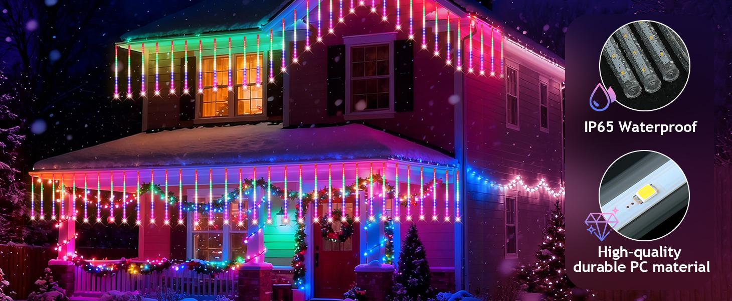 4th of July Independence Day Decorations - PEMOTech 24 Tubes Meteor Shower Lights, 30cm 576 LED Falling Raindrop Lights, Waterproof Outdoor Decor for Memorial Day Garden Pathway