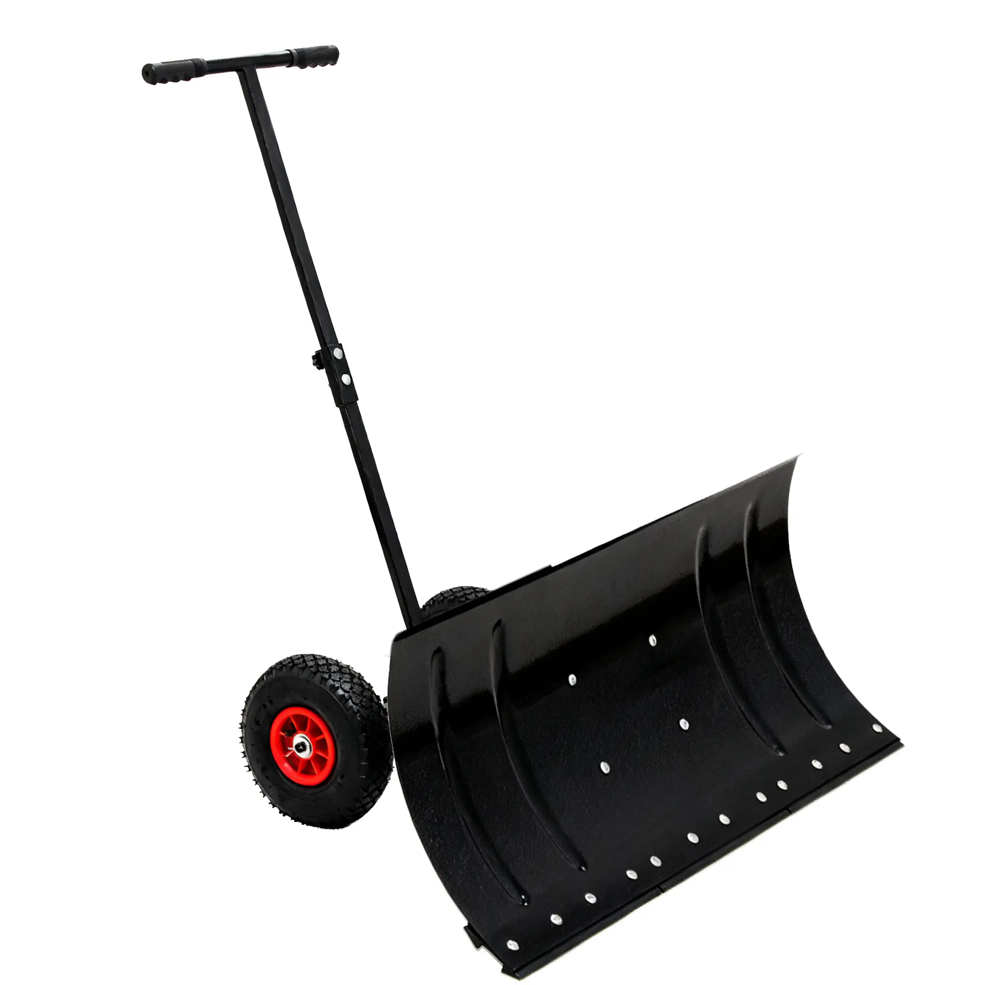 D ProTool Hub Heavy-Duty 30in Wide Metal Snow Pusher, 15in Height, 2 Wheels, Adjustable Angle-Height Ergonomic Handle, Rubber Blade, Single-Double Rod Design for Driveway, Sidewalk Snow Clearing
