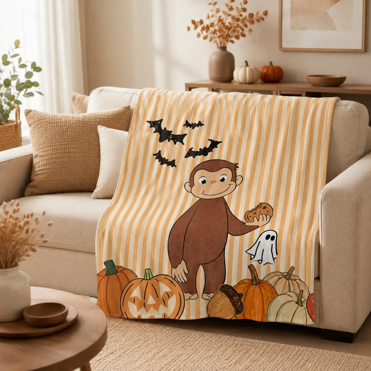 Curious George Halloween Pumpkin Bat Ghost Striped Flannel Throw Blanket, Soft Fuzzy Plush Blanket for Couch Bed Nursery, All Season Cozy Warm, Cute Cartoon Gift for Toddler Kids, Retro Fall Halloween Decor Bedroom Living Room Home Decor