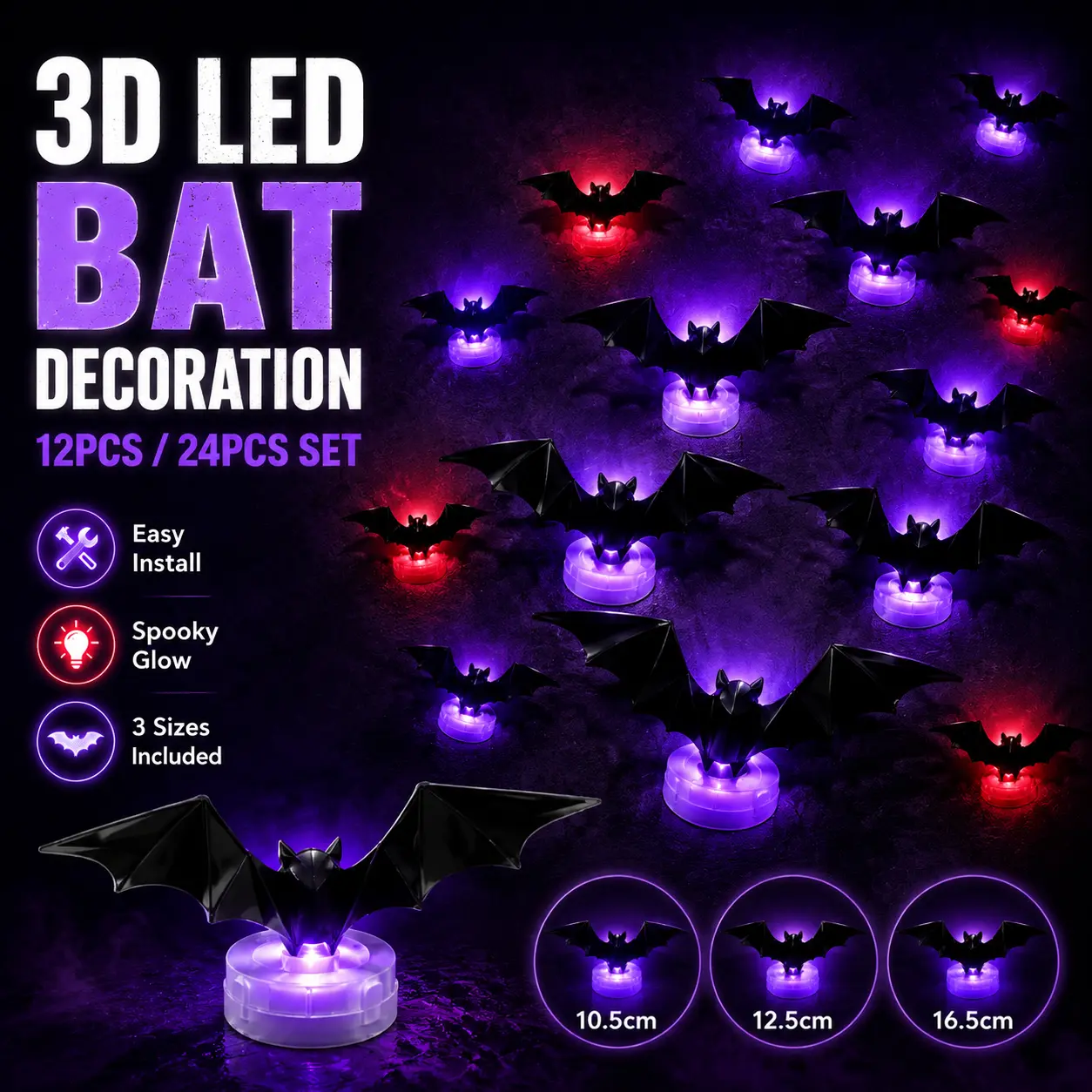 12pcs/24pcs Battery-Powered 3D Bat LED Halloween Decorations, Bendable Bubble-Free Wall Stickers, Easy-Install Glowing Ornaments for Home, Party, Indoor Use