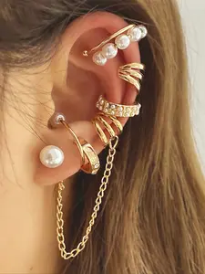 7pcs Clip Earrings, Creative Punk Style with Pearl & Tassel Chains, Faux Pearl Jewelry, Fashion Jewelry for Women, Trendy Accessory Set