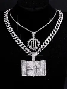 4pcs Fashion Trendy Thorn Nail Pendant Necklace, Iced Out Blingling Cuban Chain Jewelry, Religious Glittering Layered Stacked Necklaces, Coptic Cross Necklace
