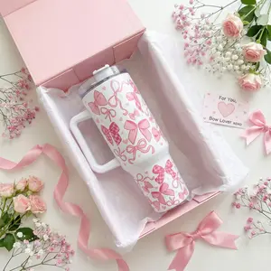 40oz Coquette Pink Bow Stainless Steel Tumbler with Handle & Straw, Girly Insulated Reusable Travel Cup