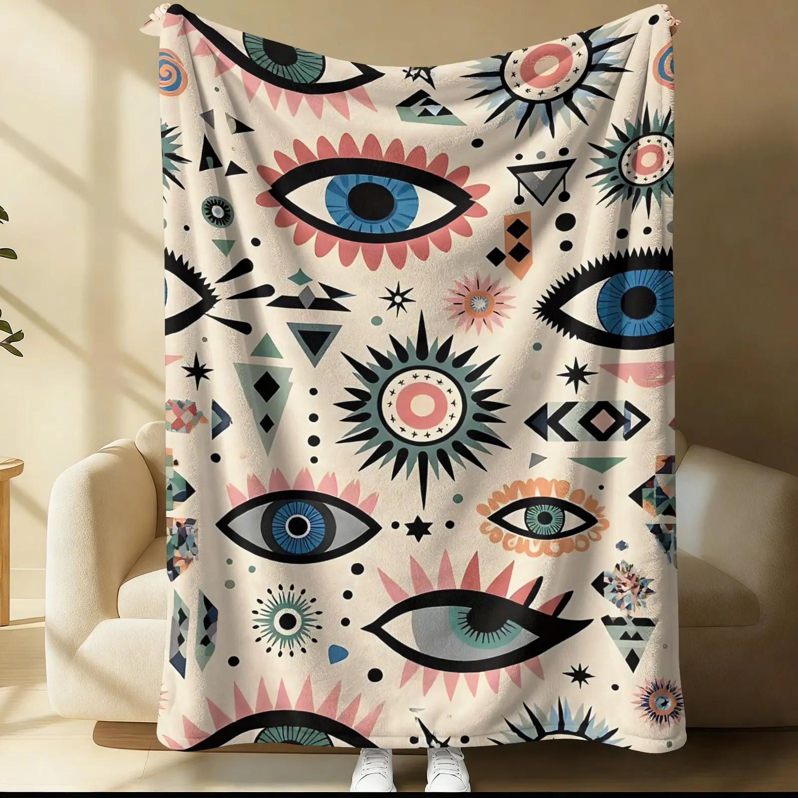 Mystic Evil Eye & Triangle Blanket, Retro Mid-Century Flannel Throw, Lightweight & Cozy, Ideal Gift for Witchy & Boho Home Decor, Boho Style Blanket, Lightweight Blankets, Decorative Blankets