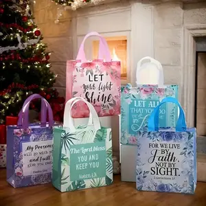 Floral Bible Verse Tote Bag Set, 32/64pcs Reusable Fabric Gift Bags for Christian Events & Gifts, Inspirational Non-Woven Totes for Women & Girls, Floral Design