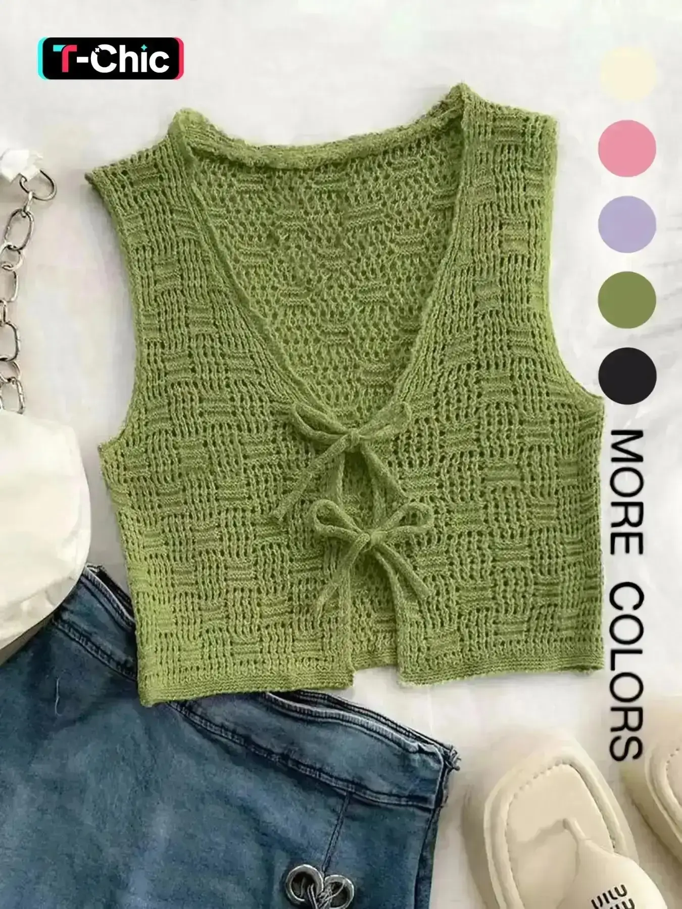 Women's Solid Color Tie Front Sweater Vest, Casual Sleeveless Knit Top for Summer, Fashion Women's Knitwear for Daily Wear, Womenswear, Casual Sleeveless Outerwear, Knit Vest Tops, Tie Up Vest
