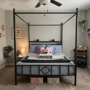 Raybee Full/Queen Size Canopy Bed Frame with Storage Shelf on Headbaord, Dual Purpose Four Poster Bed with Removable Poles, 4-Leaf Clover Pattern, Noise Free Mute Sponge, 880lbs Capacity & Underbed Storage, Twin, Black, White for Teens, Dorms, Apartment