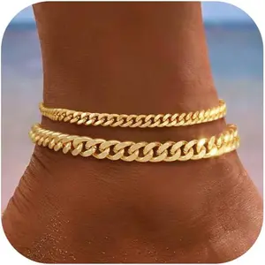 Gold Ankle Bracelets for Women Waterproof Dainty 14K Gold/Silver Plated Trendy Layered Chunky Cuban Link Chain Stackable Non Tarnish Jewelry Gift