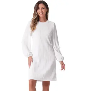 Allegra K Women's Lantern Long Sleeve Wedding Guest Crew Neck Mini Dress White Medium