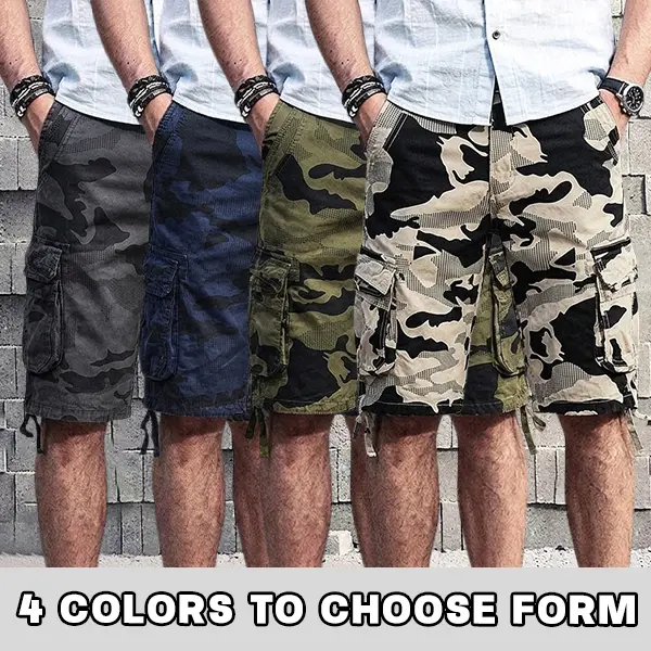 Men’s pure cotton breathable camouflage tactical cargo shorts, loose knee-length multi-pocket casual work shorts, suitable for hiking, fishing, camping, travel, available in 4 camouflage colors