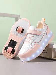 Girls' Roller Skates, New Kids Inline Skates, PU Leather Breathable Dual Wheel Invisible Rollers, LED Lighted Shoes, USB Charging, Detachable Wheels