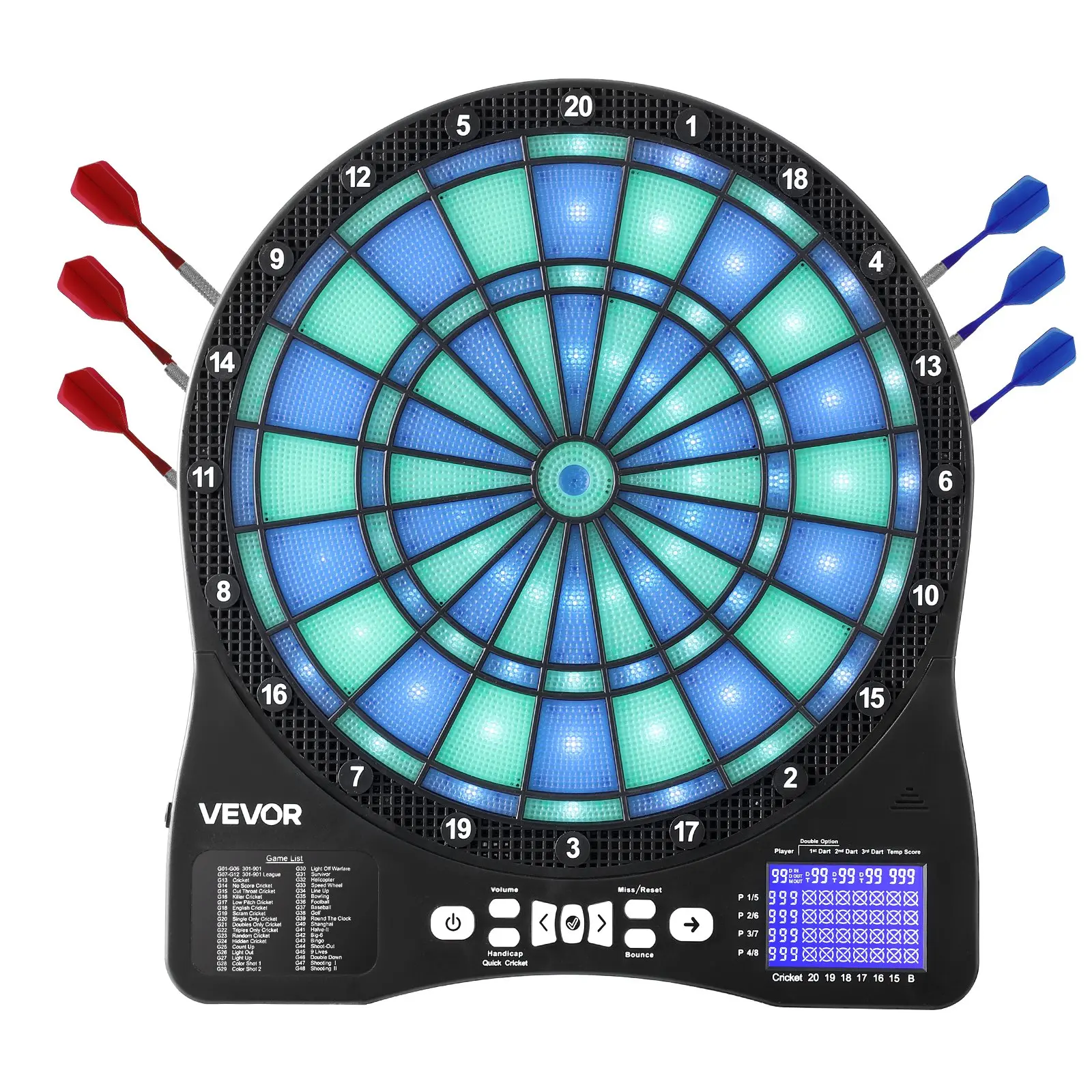 VEVOR Unisex Modern ABS/PP Electronic Dartboard (13.5in Target Area, LED Lighting), 48 Games & 500+ Variations, Cricket Scoring LCD Screen, Wall-Mount Easy Setup, 6 Dart Shafts with Flights, 50 Soft Tips, 17.72x15.63x1in (Father's Day Gift)