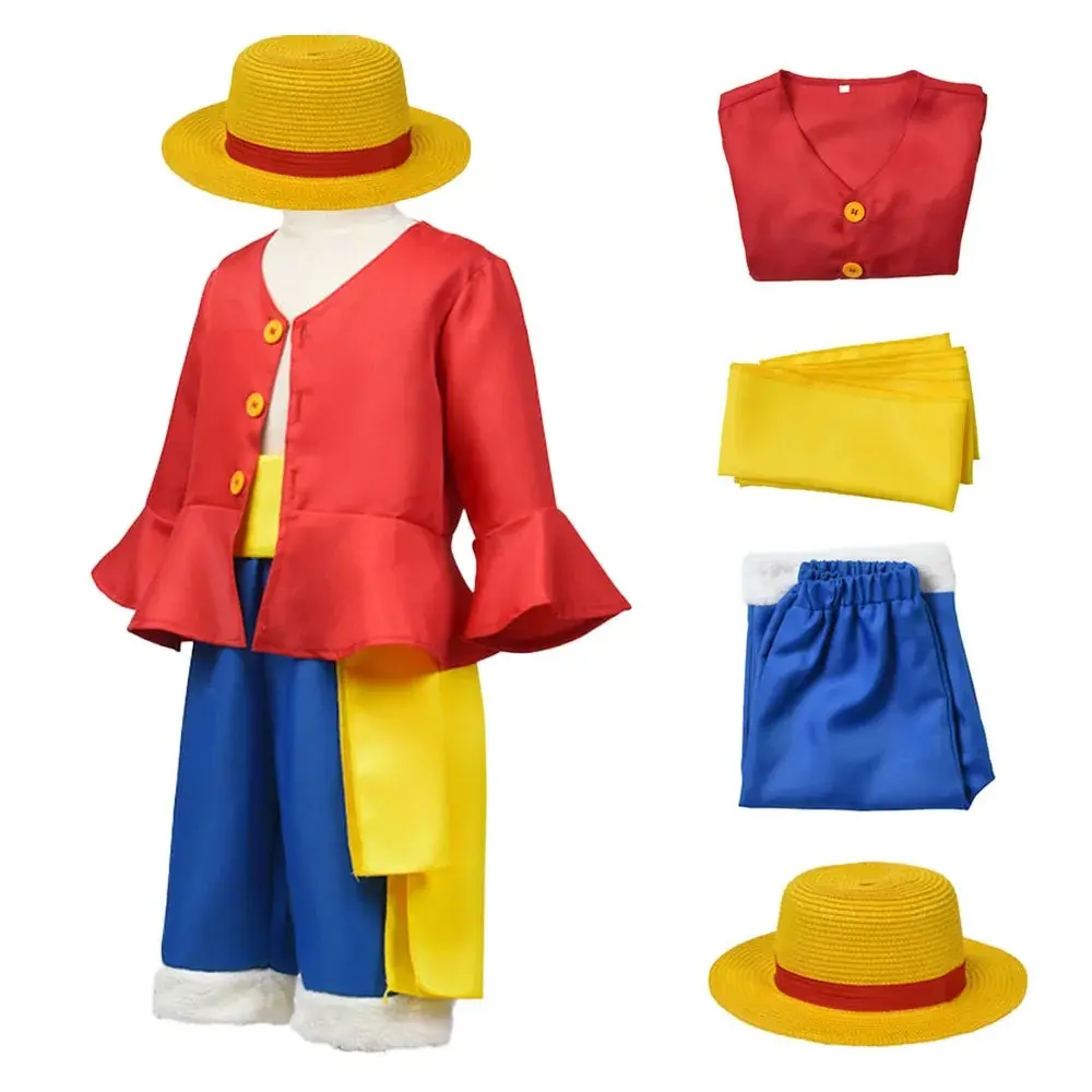 Japanese anime character cosplay outfit set: red flared top, blue pants, straw hat, Halloween party costume cosplay set.