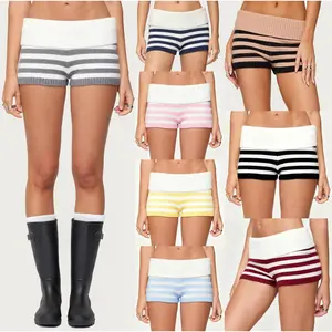 Womens Striped Knit ShortsFold Over Low Rise Mini Shorts for Daily Office Party Club