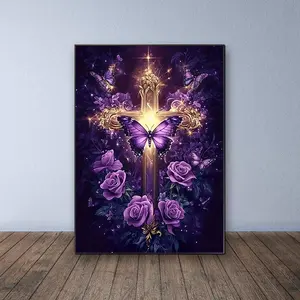 Butterfly & Rose Pattern Cross Design DIY Diamond Art Painting Kit without Frame, DIY 5D Diamond Arts Painting Kit, Wall Art Decor for Home