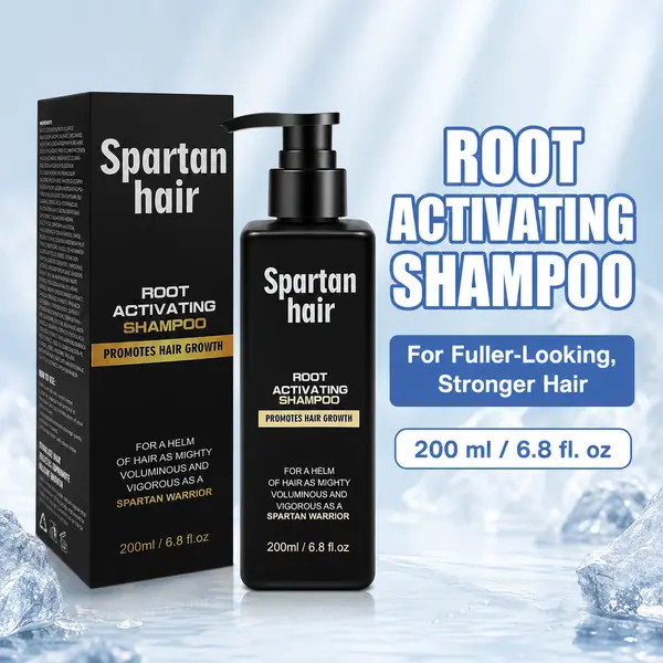Spartan hair Root Activating Shampoo! Get fuller-looking, stronger hair with our 4-in-1 botanical blend. Features ginger, black sesame & lemon extracts for gentle scalp care. Suitable for all hair types (men & women). Lightweight daily care!