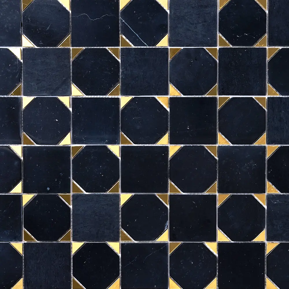 Glam Nero Marquina + Gold Brass Squares Mosaic