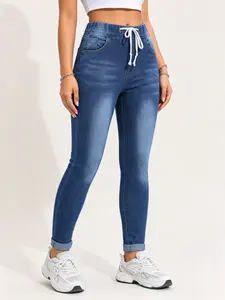 Women's High-Waisted Elastic Waist Denim Jean Joggers - Stretch  Pants with Drawstring, Soft Fabric