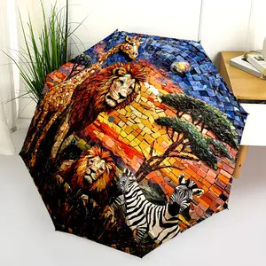 1 PC Automatic Folding Umbrella - African Wildlife Mosaic Pattern, Portable & Foldable Design with 8 Ribs, Merry Christmas Pattern,Casual Outdoor Accessory Halloween and Christmas Birthday Gifts. K0066
