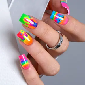 Jumping Color Gradient Drip Press On Nails | CurvLife Nail | 24pcs Medium Coffin Fake Nails | Glossy Finish with Vivid Color Blend & Drip Design | Easy to Apply, Comfortable & Long-Lasting | Ideal for Daily Wear, Music Fests, Carnivals & Energetic Events