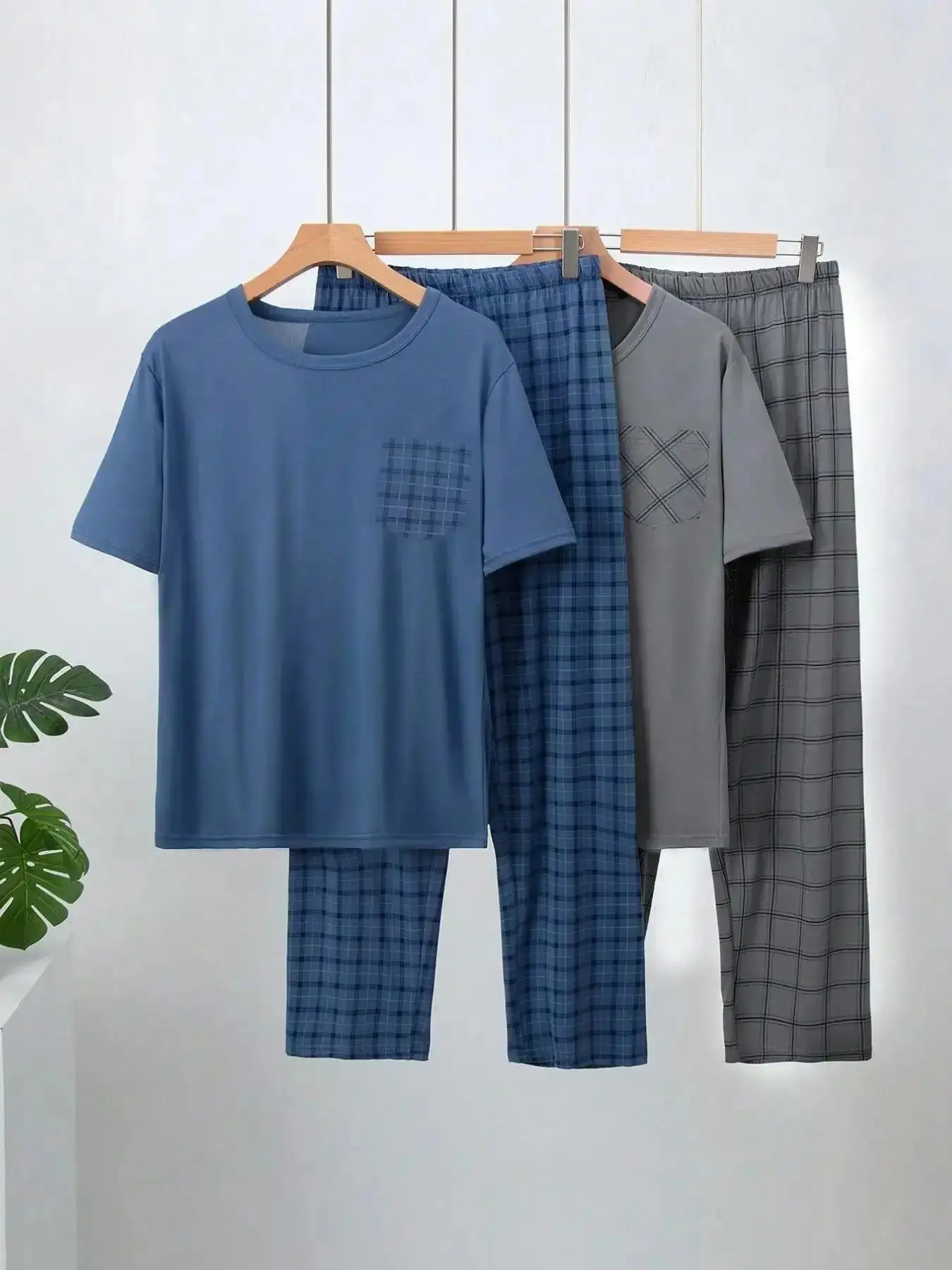 Men's Soft Lightweight Sleepwear Set, 4-Piece Classic Plaid Checked Loungewear Home Clothing, Short Sleeve Top and Long Pants, Summer Comfort Casual Comfy Pajama Set Pjs, Homewear, retro vibe, all occasion, modern design