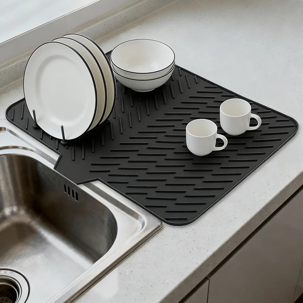 Heat-Resistant Silicone Placemats & Coasters, Black 23x17in Durable Modern Kitchen Counter Dish Drying Mat, Non-Slip Sink Pad with Slope Drain Lip, Tableware-Friendly Hygienic Leak-Proof Kitchenware Accessory