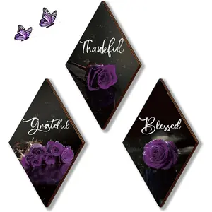 Thankful Grateful Blessed 3 Count Purple Bathroom Decor Rose Wooden Wall Decor Sign, Purple 12 x 7 Inch Kitchen Decor for Room