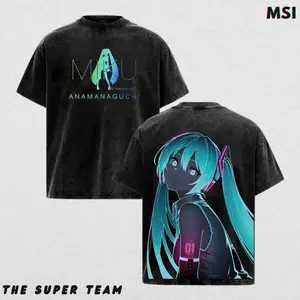 Hatsune Miku x Anamanaguchi Oversized Washed Tee – Retro Neon Vocaloid Graphic Shirt in Vintage Cotton  Unisex Streetwear for Anime Fans, Festival Looks & Digital Pop Culture Collectors