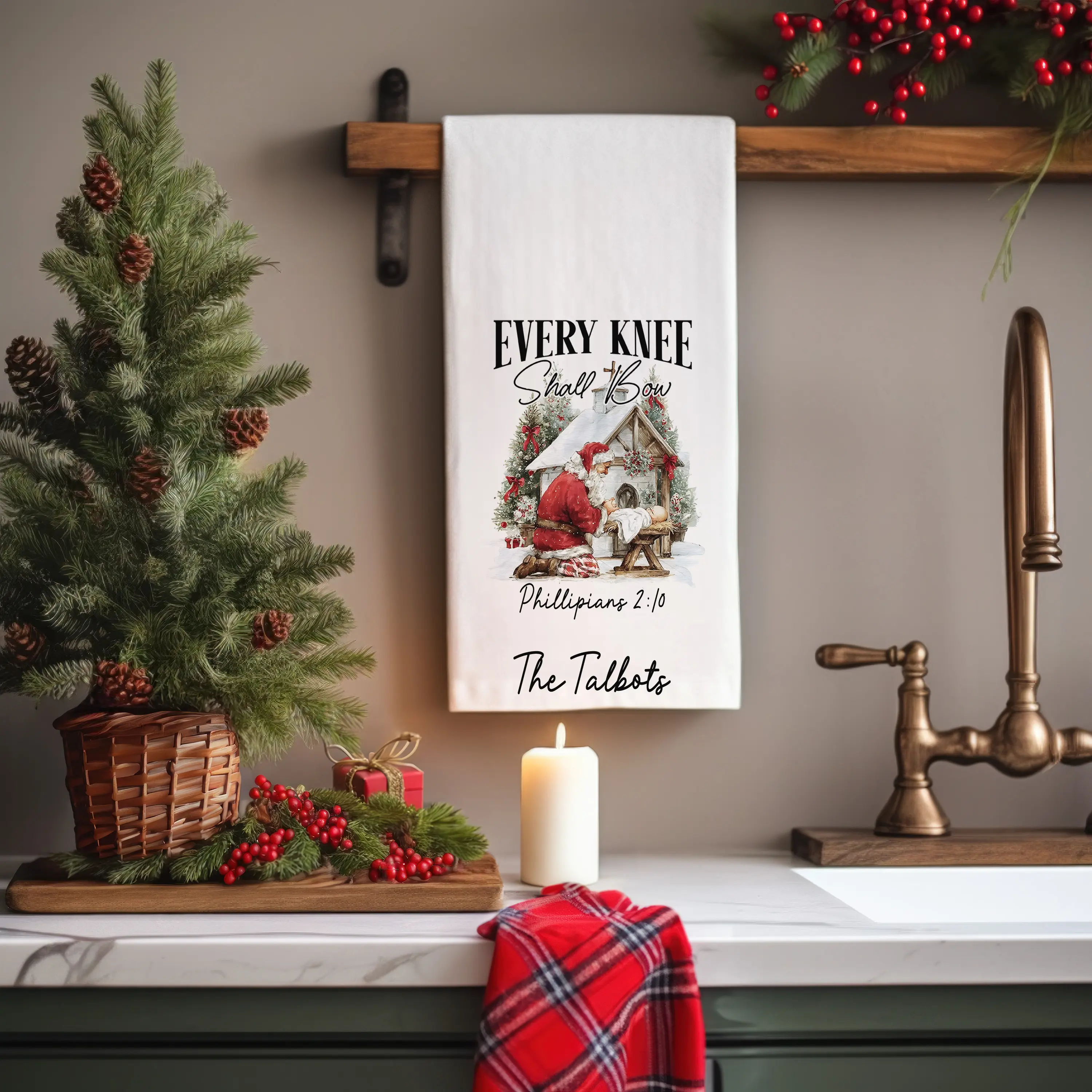 Personalized Every Knee Shall Bow Kitchen Tea Towel Santa Christmas Kitchen Towel with Phillipians 2 10 Verse with Last Name, Religious Holiday Gift