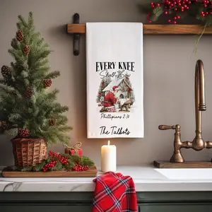 Personalized Every Knee Shall Bow Kitchen Tea Towel Santa Christmas Kitchen Towel with Phillipians 2 10 Verse with Last Name, Religious Holiday Gift