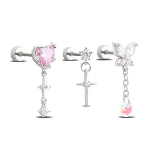 HERVAY 20G/6MM Merry Christmas Chain Dangle Round Back Hidden Helix Cartilage Stud-Internally Threaded CZ Dangle Top Helix Stud 316L Stainless Steel