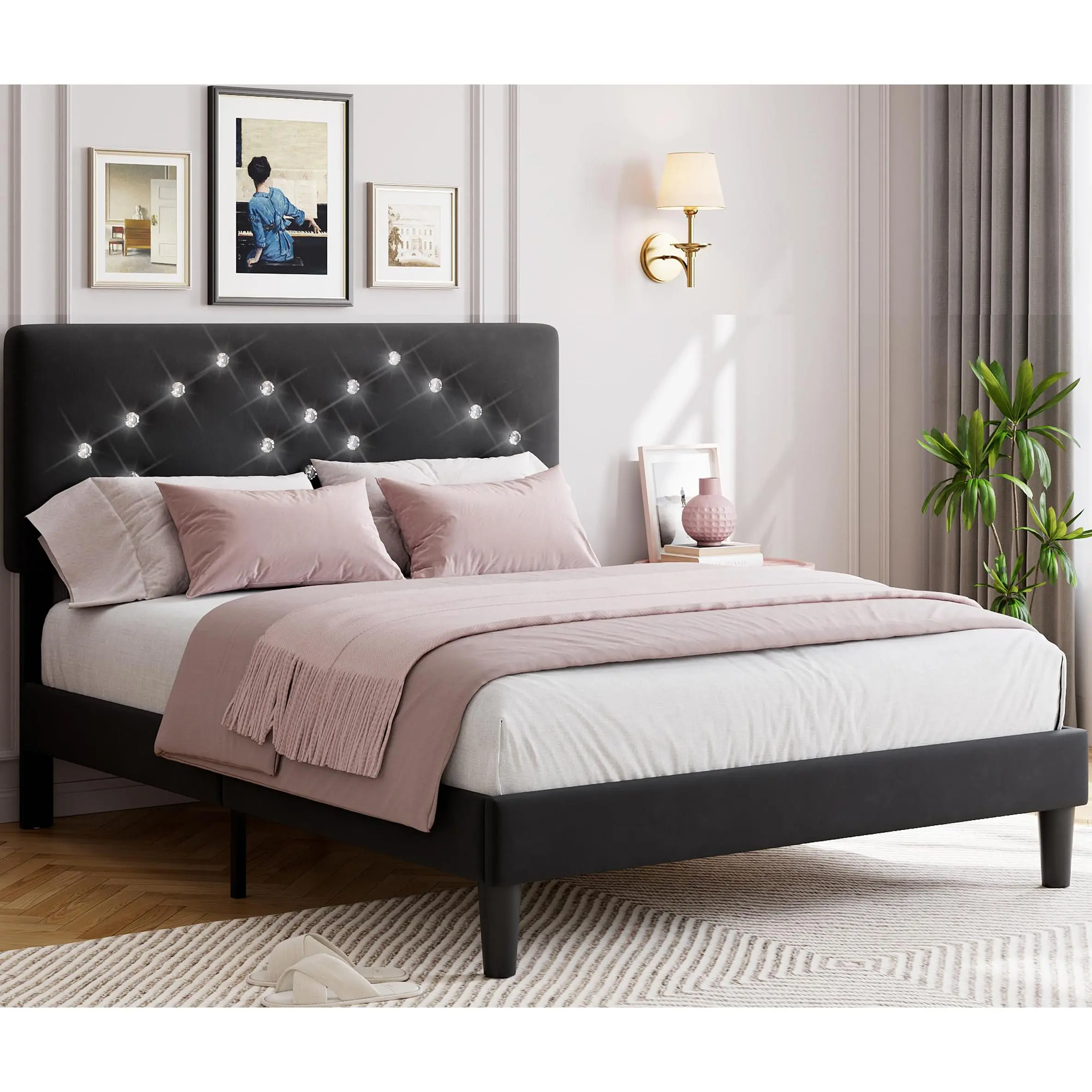 Queen Size Bed Frame with Crystal Diamond Tufted Headboard Upholstered Platform Wood Slats No Box Spring Easy Assembly for Girls Kids, Black