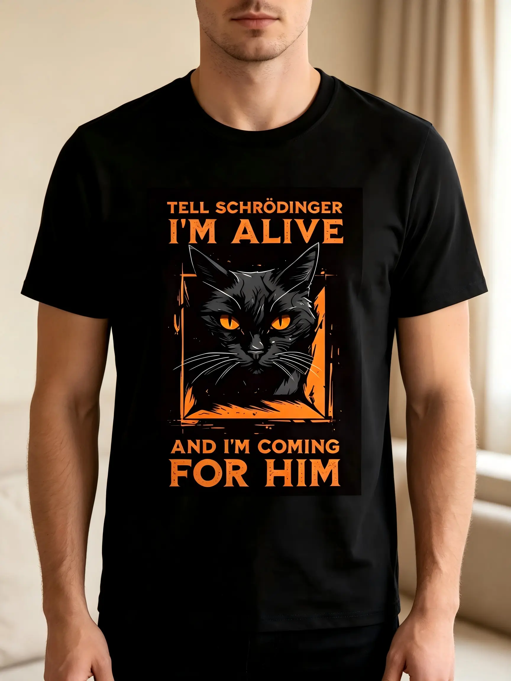 Quantum Mechanics Meme Print Casual Crew Neck Men's T-Shirt, Schrödinger's Cat Pattern Men's Top, Quantum Enthusiast Gift, Funny Tee for Friends, Halloween Party Novelty Shirt, Orange-Eyed Black Cat Print Men's Apparel, Funny Gift, Casual Wear, Humorous D
