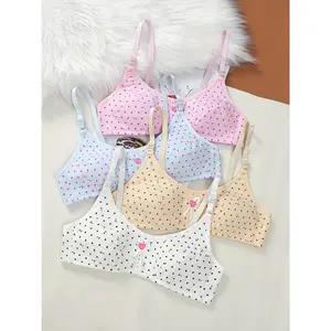 4-Pack Girls' Training Bras with Heart & Ditsy Floral Print, Polyester & Cotton Blend, Medium Stretch, Spaghetti Strap, Bow Detail, All-Season Knit Fabric Push Up Underwear for Ages 9-12