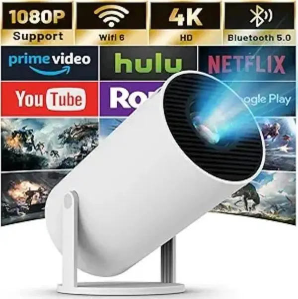 Mini Bluetooth Projector, Full HD 1080P Supported Portable Outdoor Movie Projector for iOS, Android, Windows, Compatible with TV Stick/HDMI/Smartphone/PS4/USB  Automatic Audio Connection Noise Wireless Remote White