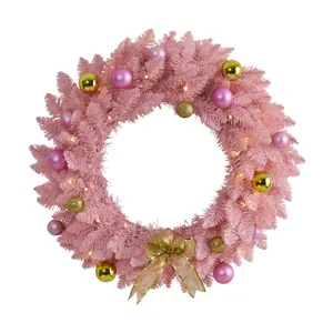 Nearly Natural 24" Pink Christmas Wreath with 35 Lights