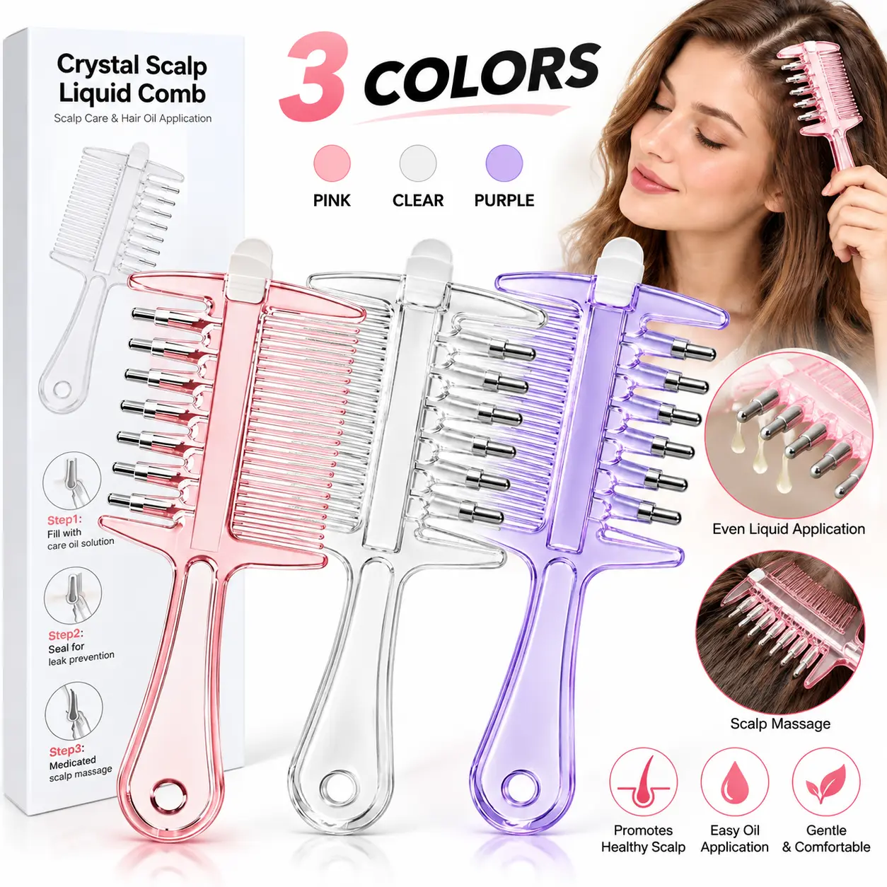 Refillable Scalp Oil Applicator Comb with 6 Stainless Steel Roller Balls, Hair Serum and Root Applicator with Scalp Massager, Leak-Resistant Portable Hair Care Tool for Even Oil Application, Reusable Comb Only